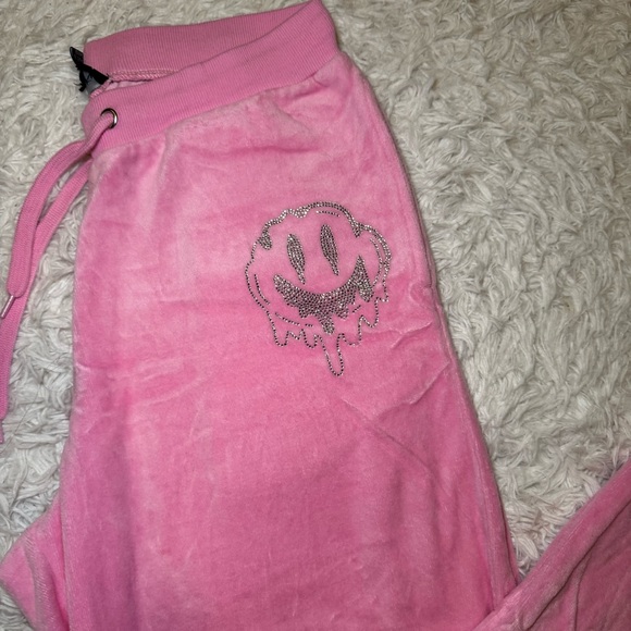 Dolls Kill Pink Velour Sweatpants with Silver Rhinestone Smiley Face - Picture 5 of 12